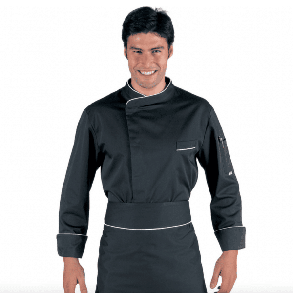 Veste de cuisine noire liseré blanc Bilbao – Isacco