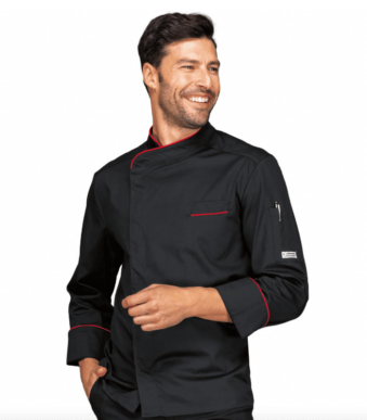 Veste de cuisine noire liseré rouge Bilbao – Isacco