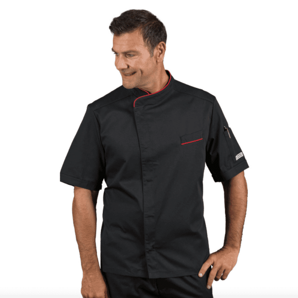 Veste de cuisine noire manches courtes liseré rouge Bilbao – Isacco