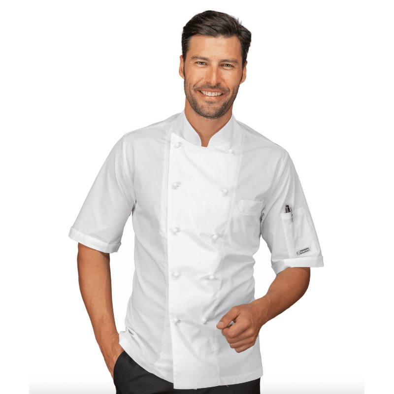 Veste de cuisine blanche Manches Courtes ALABAMA - 100% coton satin - ISACCO